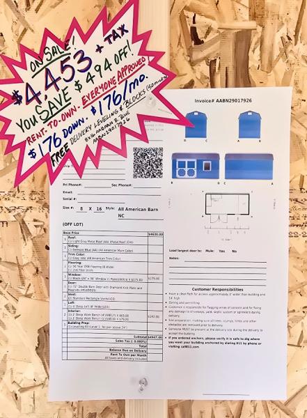 🔥$494 OFF - $176 DOWN & $176/MO - NO CREDIT CHECK - 8x16 BARN w/BENCH $4,453 - FREE DELIVERY & BLOCKS (50miles)