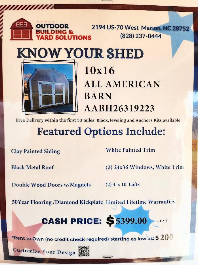 10% OFF! 10x16 All American Barn - SAVE $539 OFF