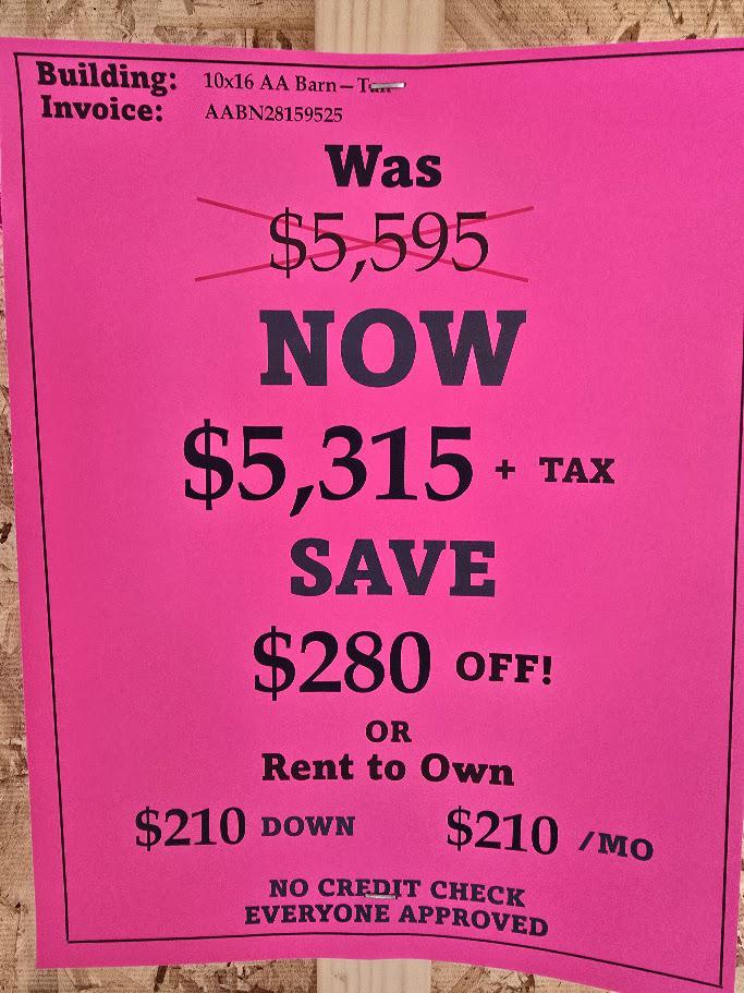 SAVE $280 OFF! - 10x16 LOFTED BARN! -$5,315 OR $210 DOWN & $210/MO -NO CREDIT CHECK - DELIVERY INCLUDED (50 miles)