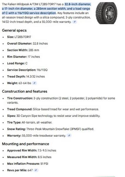 LT285/70R17 Falken Wildpeak A/T AT3W Tires Set of 4