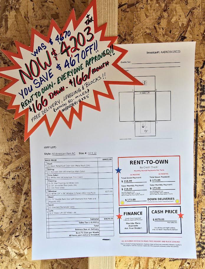 SAVE $467 OFF! - 10x12 LOFTED BARN! -$4,203 OR $166 DOWN & $166/MO - NO CREDIT CHECK - FREE DELIVERY (50 miles)