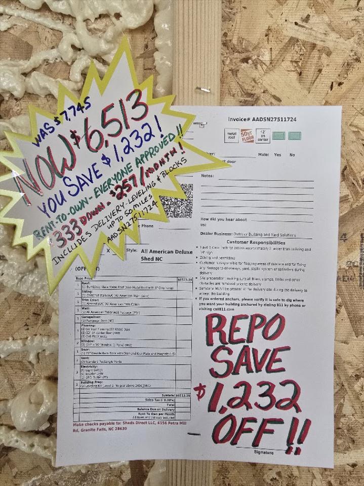 REPO 12x16 w/ELECTRICAL & RAMPAGE DOOR - SAVE $1,232 - $333 DOWN & $257/Mo OR $6,513 - NO CREDIT CHECK - EVERYONE APPROVED! - DELIVERY & BLOCKS INCLUDED (50-MILES)