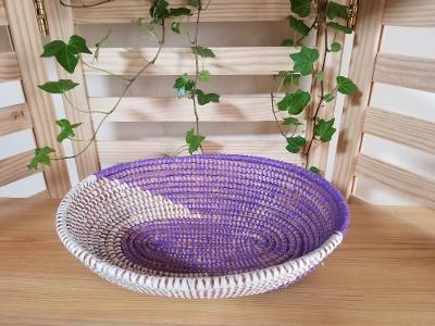 Purple and White Traditional Decorative Storage, Versatile Senegalese Handcrafted Oval Basket.