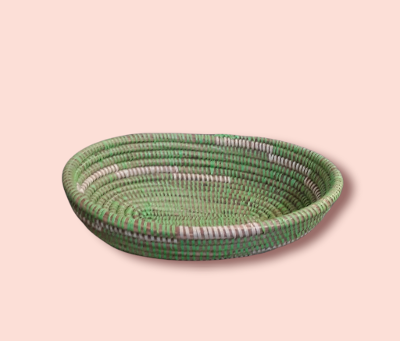 Green and White Traditional Decorative Storage, Versatile Senegalese Handcrafted Oval Basket.
