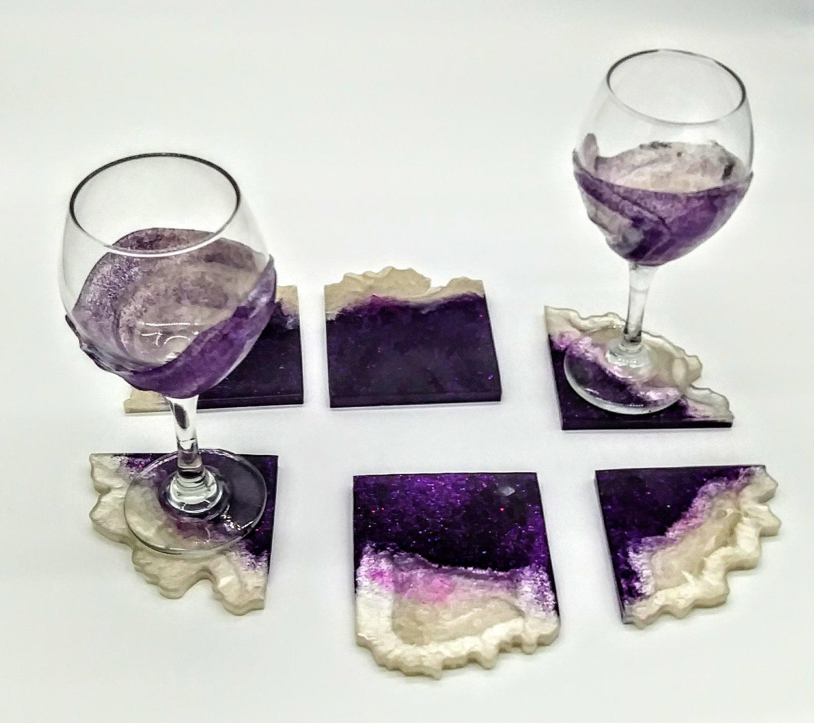 Purple and white glitter coaster set