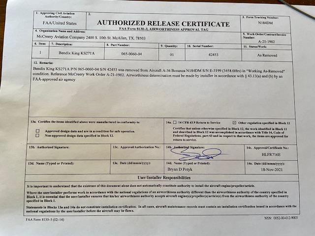 King KS 271A Autopilot Primary YAW servo. Form 8130, Used. Case Cracked.