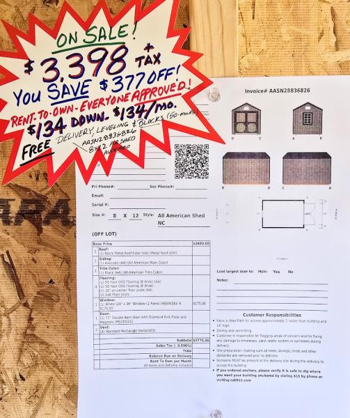 🔥SAVE $377 - 8x12 SHED $3,398 - $134 DOWN & $134/MO - NO CREDIT CHECK - FREE DELIVERY & BLOCKS (50 miles)