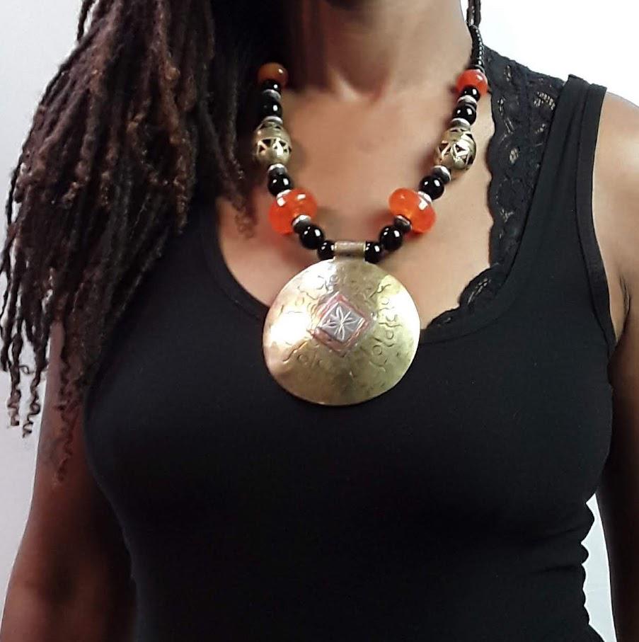 Stamped Brass, and Copper Pendant Ethnic Necklace with Agate Beads.