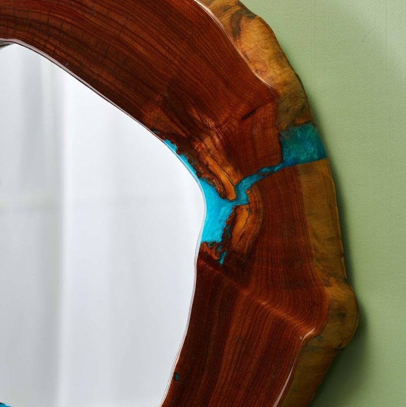 Oak and rainbow blue resin mirror