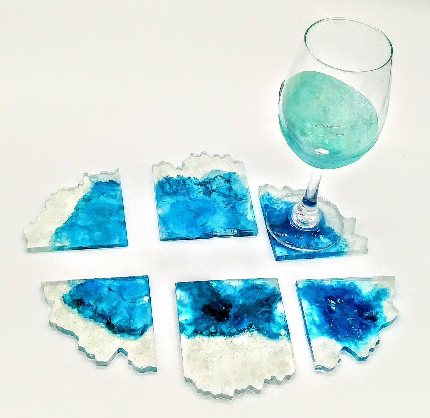 Set of 6 blue and glitter coasters