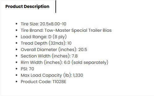 New 205/65D10 or 20.5x8x10 Tow Master Tires Each
