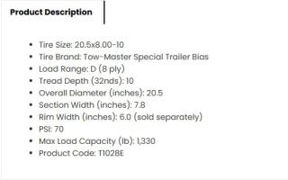 New 205/65D10 or 20.5x8x10 Tow Master Tires Each