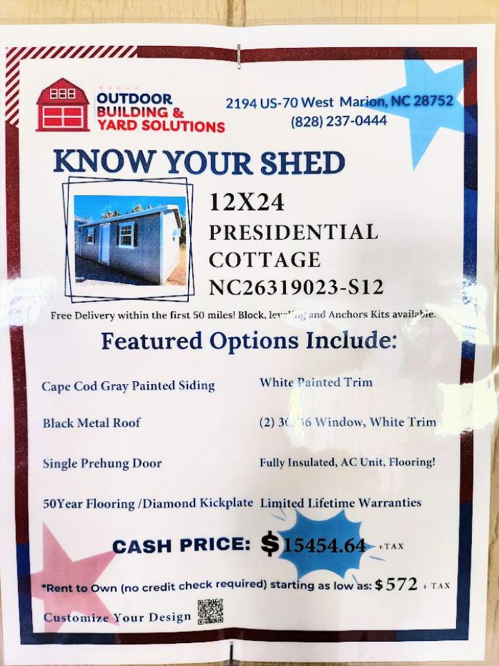 10% or $1,545 OFF - 12x24 Presidential Cottage with Insulated Walls, Floor, Ceiling, Doors & Windows - 100 amp Electrical Pkg - Finished Walls - Laminate Floors & AC!!