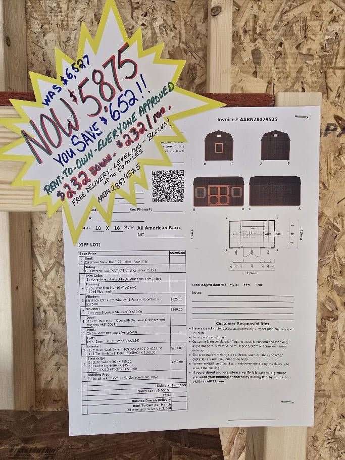 10x16 BARN w/ELECTRICAL - WORKBENCH - SHELVING - $5,875 OR $232/Mo - NO CREDIT CHECK - FREE DELIVERY & BLOCKS (50 miles)