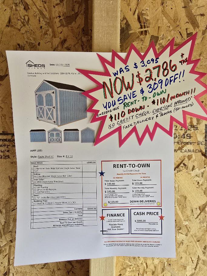 $110 DOWN & $110/MO - $309 OFF! - 8X8 SHED - ONLY 2,786 -NO CREDIT CHECK - FREE DELIVERY & BLOCKS (50 miles)