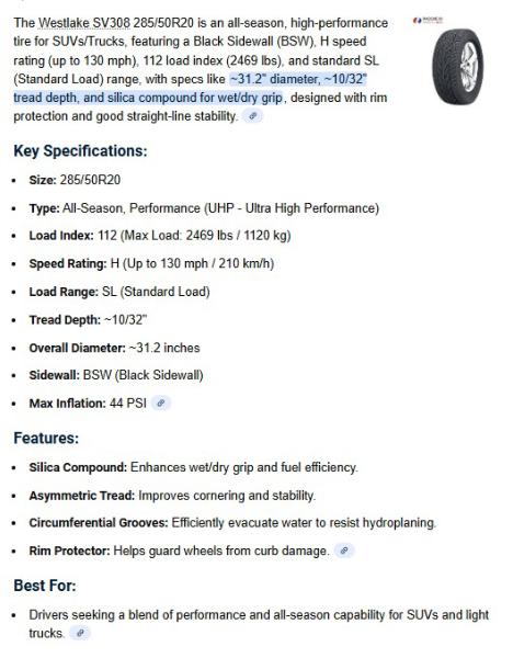 285/50R20 Westlake SV308 Tires Set of 4