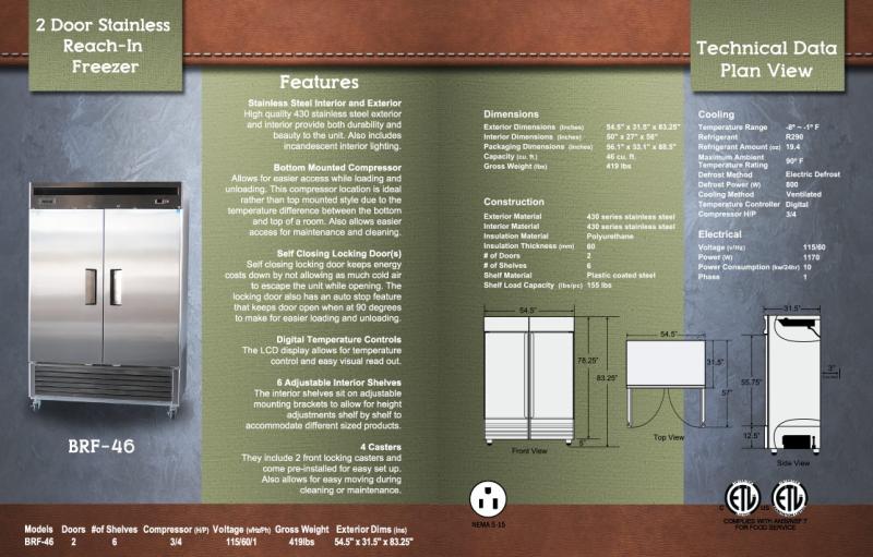 BISON   Model BRF-46   Two Door Stainless Steel Reach-In Freezer