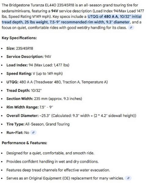 235/45R18 Bridgestone Turanza EL440 Tires Set of 4