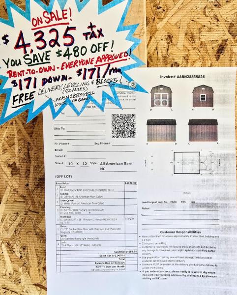 🔥10% OFF - SAVE $480 10x12 BARN - $4,325 or $171 DOWN & $171/MO - NO CREDIT CHECK - FREE DELIVERY & BLOCKS (50 miles)