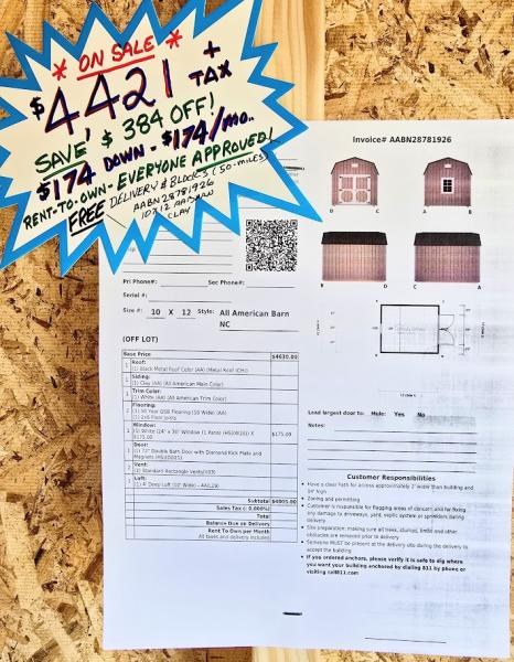 🔥SAVE $384 - 10x12 BARN - $4,421 or $174 DOWN & $174/MO - NO CREDIT CHECK - FREE DELIVERY & BLOCKS (50 miles)