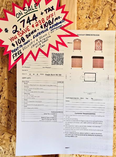 🔥SAVE $238 OFF - 6x8 BARN - $2,744 or $108 DOWN & $108/MO - NO CREDIT CHECK - FREE DELIVERY & BLOCKS ( 50 miles )