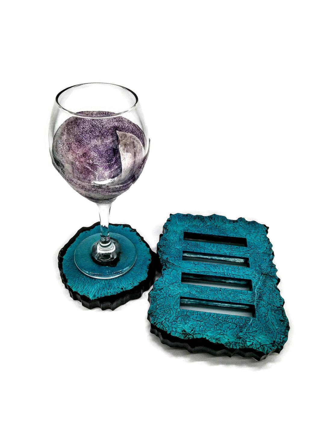 Geo Blue and Blach coaster set with holder