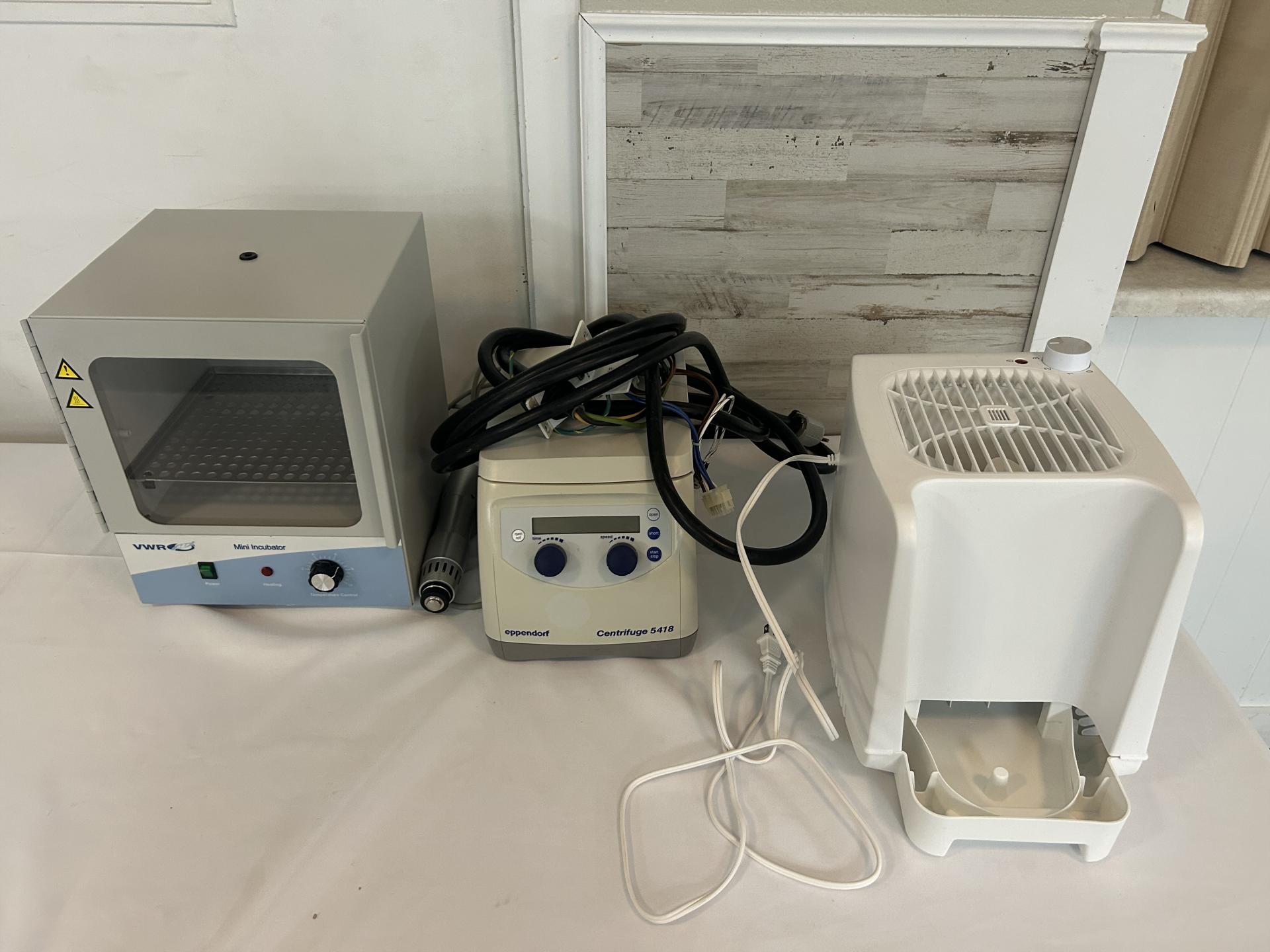 VWR Mini Incubator, Eppendorf Centrifuge, Humidifier/dehumidifier