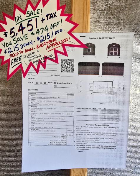 🔥SAVE $474 10x16 BARN - TECH-SHIELD RADIANT BARRIER - $5,451 or $215 DOWN & $215/MO - NO CREDIT CHECK - FREE DELIVERY & BLOCKS (50 miles)