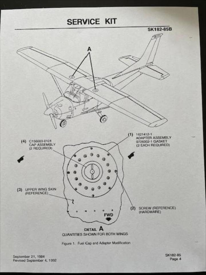 Two Cessna SK182-85B Fuel Filler Adaptor Kits With Raised, Vented, Fuel Caps. NEW.