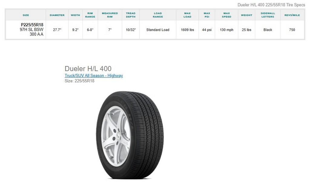 225/55R18 Bridgestone Dueler H/L Tires Set of 4