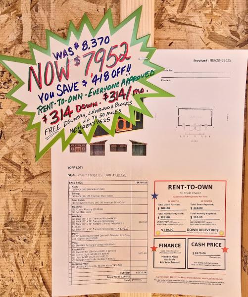 10X20 MODERN ESCAPE W/100 AMP ELECTRICAL - $418 OFF - $7,952 OR 314 DOWN & 314/MO - NO CREDIT CHECK -FREE DELIVERY (within 50-miles)