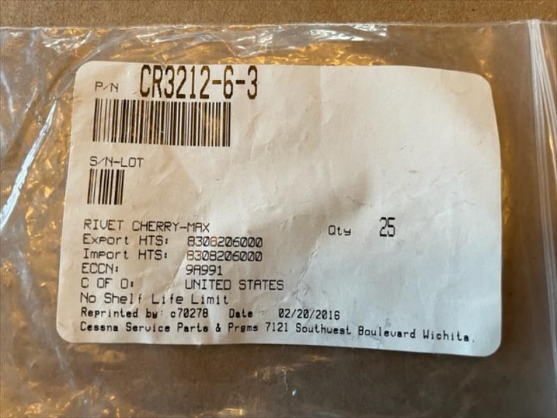 Cessna Cherry-Max Rivets.  PN CR3212-6-3.  New.