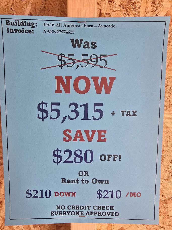 $280 OFF! 10x16 LOFTED BARN - $5,315 or $210 DOWN -$210/Mo -NO CREDIT CHECK RENT TO OWN - EVERYONE APPROVED!