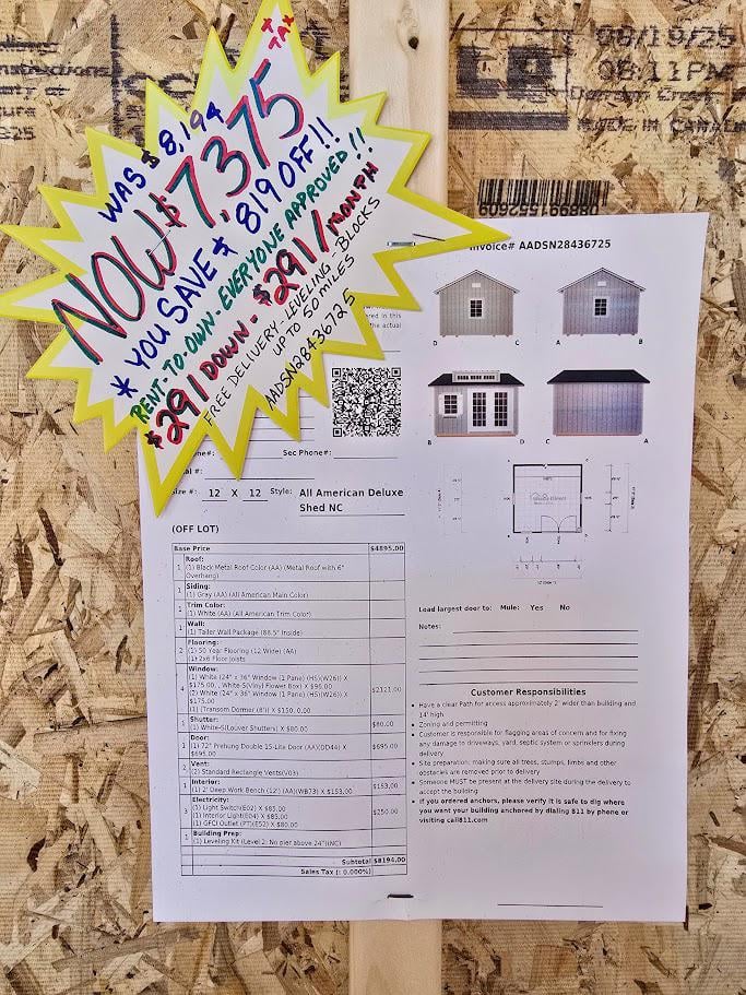12X12 BLDG W/ELECTRICAL - TALL WALL & DORMER $7,375 - $291/MO - NO CREDIT CHECK - EVERYONE APPROVED - FREE DELIVERY & BLOCKS (50mi)