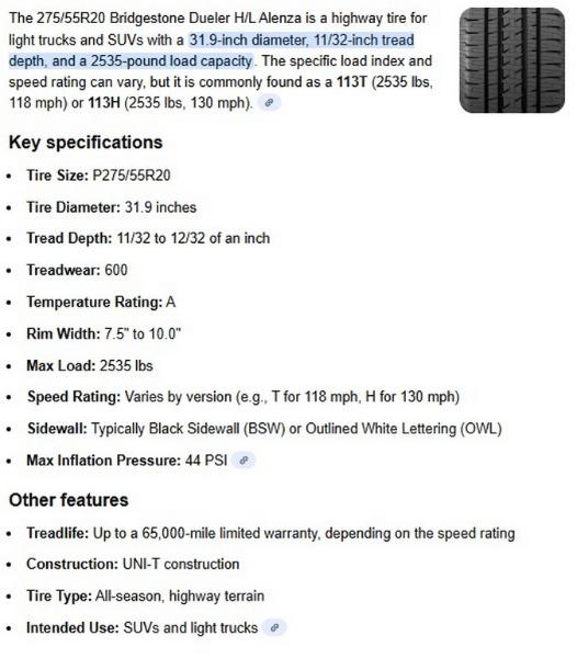 275/55R20 Bridgestone Dueler H/L Tires Set of 4