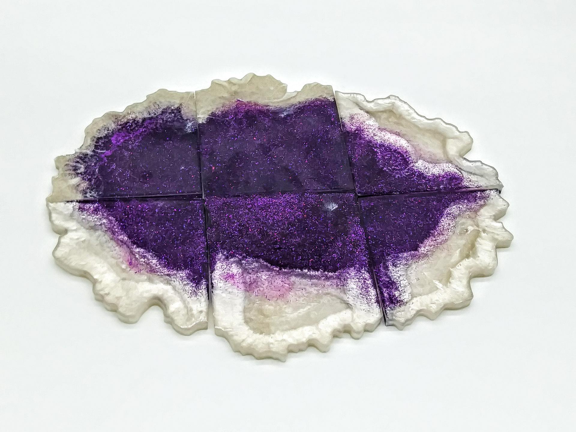 Purple and white glitter coaster set