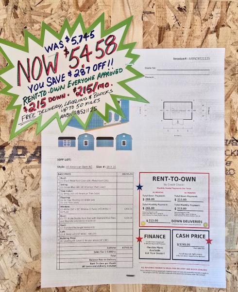 SAVE $287 OFF! - 10x16 LOFTED BARN! -$5,458 OR $215 DOWN & $215/MO - NO CREDIT CHECK - FREE DELIVERY & BLOCKS (within 50 miles)