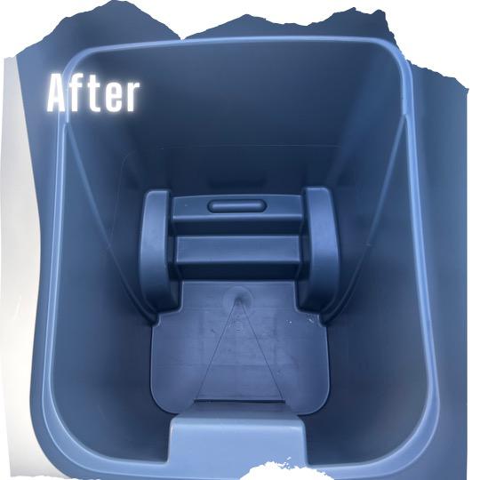The same trash bin after cleaning — sanitized, deodorized, and left at the curb where the cleaning happened